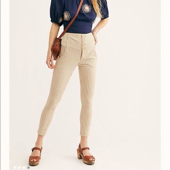 Free People Frankie High Waist Skinny Pants Tan White Stripe Button Front 4 - Picture 2 of 15